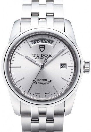 AAA Replica Tudor Glamour Date Day Silver Dial Steel Strap Mens Watch 56000-1