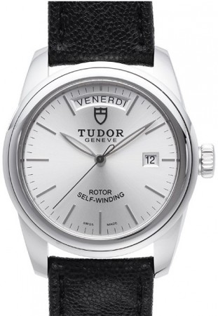 AAA Replica Tudor Glamour Date Day Silver Dial Leather Strap Mens Watch 56000-5