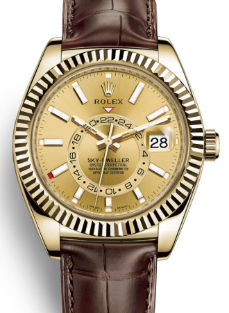 AAA Replica Rolex Sky-Dweller GMT 42mm Gold Dial Mens Watch 326138-0006