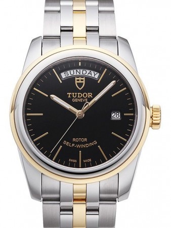 AAA Replica Tudor Glamour Date Day Black Dial Leather Strap Mens Watch 56003