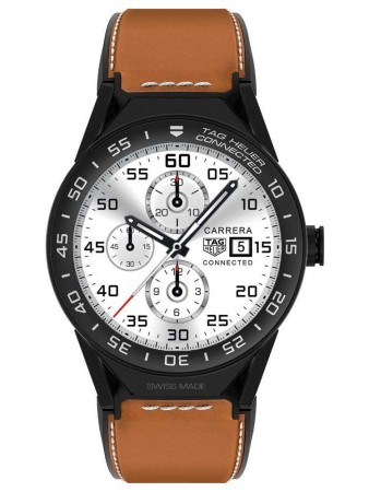 AAA Replica Tag Heuer Connected Modular 45mm Brown Calfskin Strap Black Mat Ceramic Bezel Watch SBF8A8013.82FT6110