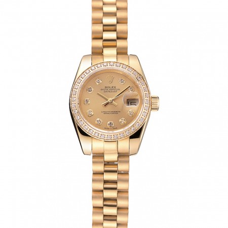 Swiss Rolex Lady-Datejust Champagne Dial Diamond Bezel Gold Bracelet 1454095
