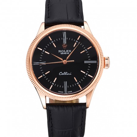 Swiss Rolex Cellini Time Rose Gold Case Black Dial Black Leather Bracelet   622656