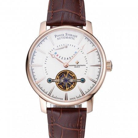 Vacheron Constantin Tourbillion Power Reserve White Dial Gold Case Brown Leather Bracelet  1454274