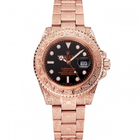 Swiss Rolex Submariner Skull Limited Edition Black Dial Rose Gold Case And Bracelet 1454086
