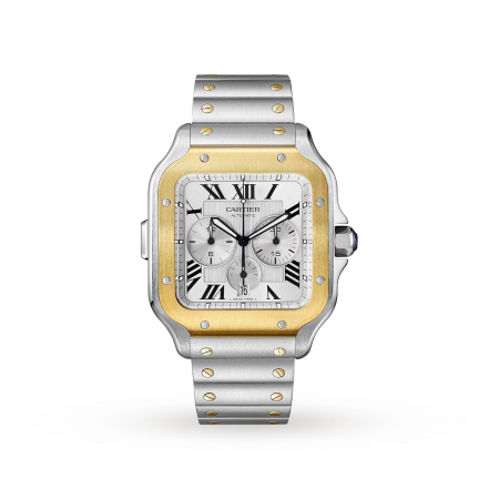 Swiss Santos de Cartier Chronograph watch, XL model, chronograph, gold and steel, interchangeable metal and rubber bracelets