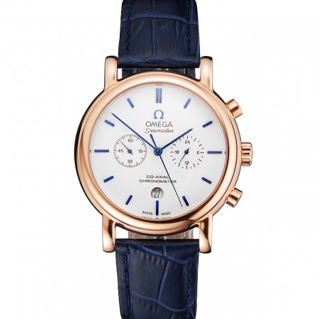 Omega Seamaster Vintage Chronograph White Dial Blue Hour Marks Rose Gold Case Blue Leather Strap