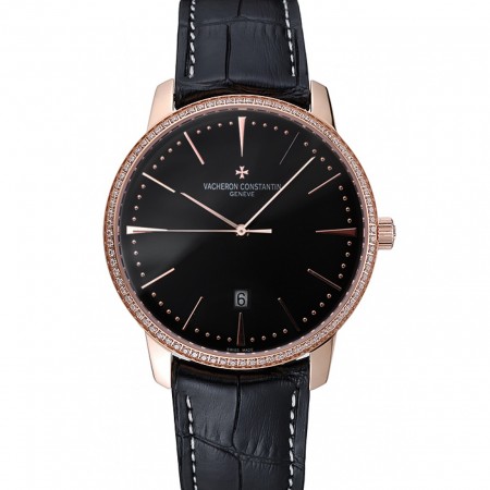 Swiss Vacheron Constantin Patrimony Black Dial Rose Gold Diamonds Case Black Leather Bracelet   1454175
