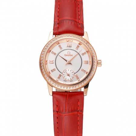 Omega De Ville Prestige Small Seconds White Dial Diamond Bezel Rose Gold Case Red Leather Strap
