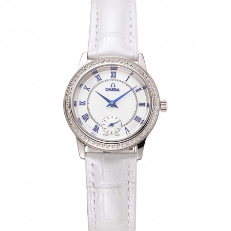 Omega De Ville Prestige Small Seconds White Dial Diamond Bezel Stainless Steel Case White Leather Strap