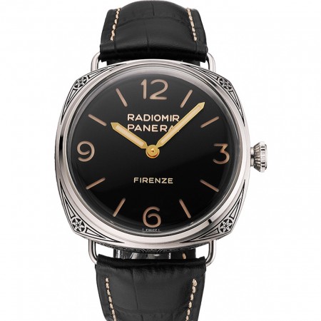 Panerai Radiomir Firenze 3 Days Acciaio PAM604 Black Dial Engraved Stainless Stell Case Black Leather Strap