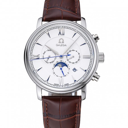 Omega De Ville Moonphase White Dial Silver Case Brown Leather Bracelet  1454226