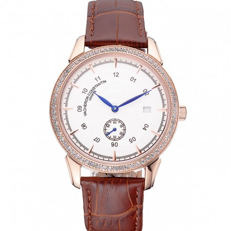 Vacheron Constantin Traditionnelle White Ship Dial Rose Gold Case With Diamonds Brown Leather Strap