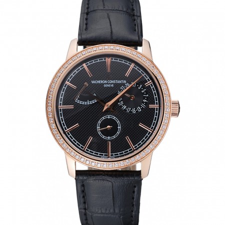 Vacheron Constantin Patrimony Power Reserve Black Dial Gold Diamond Case Black Leather Bracelet  1454269