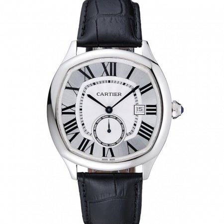 Cartier Drive De Cartier White Dial Silver Case Black Leather Bracelet 1454209