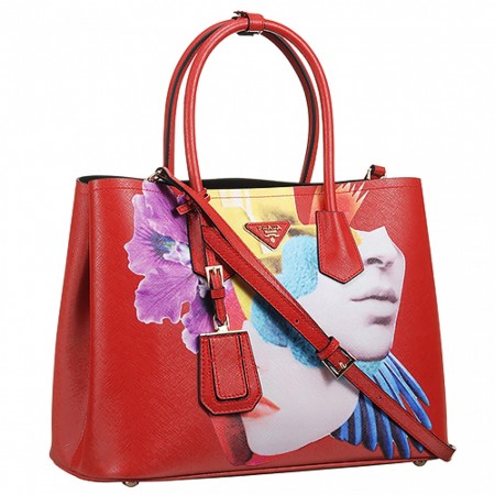 Prada Saffiano Double Tote Collage Print Red Bag 18927290