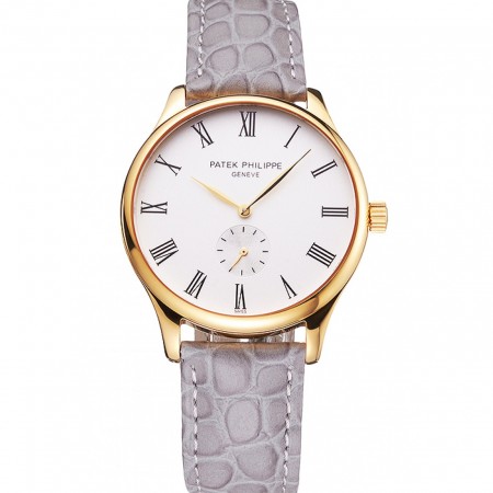 Patek Philippe Calatrava White Dial Gold Case Gray Leather Strap