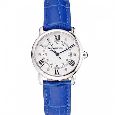 Cartier Ronde White Dial Diamond Hour Marks Stainless Steel Case Blue Leather Strap