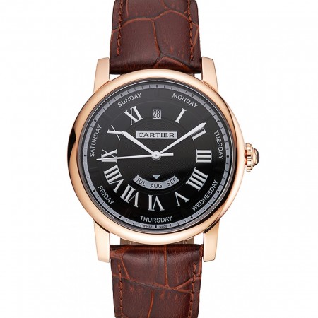 Swiss Cartier Rotonde Annual Calendar Black Dial Rose Gold Case Brown Leather Strap