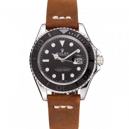 Rolex Yacht Master Black Dial Silver Case Brown Leather Bracelet 1453859
