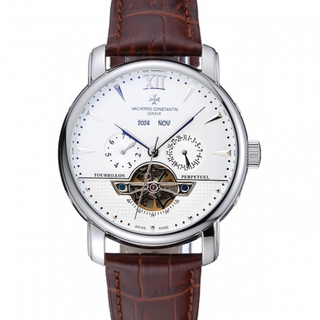 Vacheron Constantin Tourbillion Perpetual Calendar White Dial Silver Case Brown Leather Bracelet 1454277
