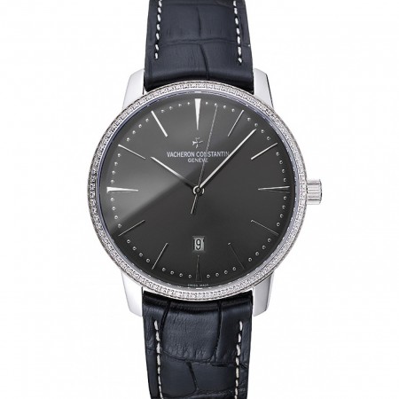 Swiss Vacheron Constantin Patrimony Grey Dial Silver Diamonds Case Black Leather Bracelet 1454163
