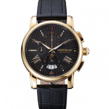Montblanc Chronograph Black Dial Black Leather Bracelet Gold Case 1454112