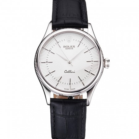 Swiss Rolex Cellini White Guilloche Dial Stainless Steel Case Black Leather Strap