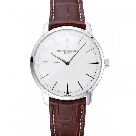 Swiss Vacheron Constantin Patrimony White Dial Silver Case Brown Leather Bracelet 1454158