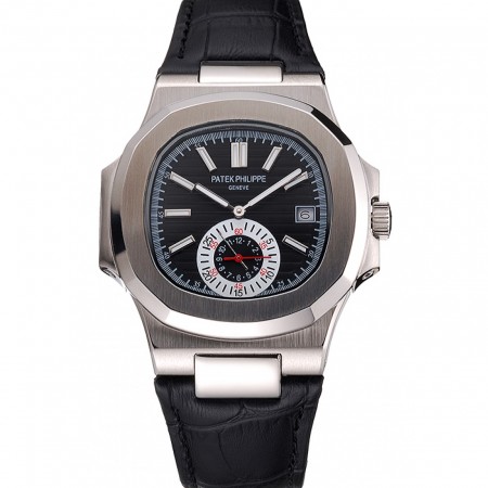Patek Philippe Nautilus Black Dial Stainless Steel Case Black Leather Strap