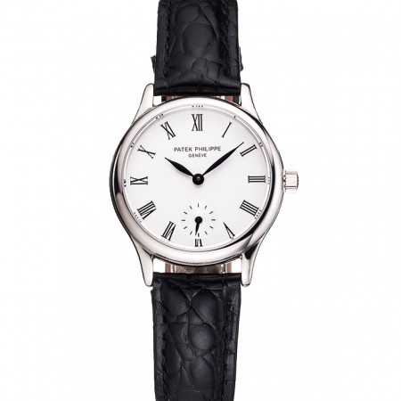 Patek Philippe Calatrava White Dial Roman Numerals Stainless Steel Case Black Leather Strap