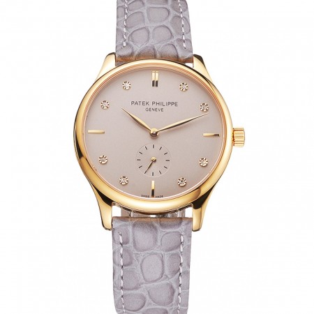 Patek Philippe Calatrava Gray Dial Diamond Markings Gold Case Gray Leather Strap
