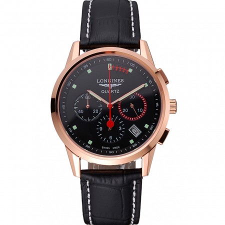 Longines Column Wheel Black Dial Gold Case Black Leather Strap