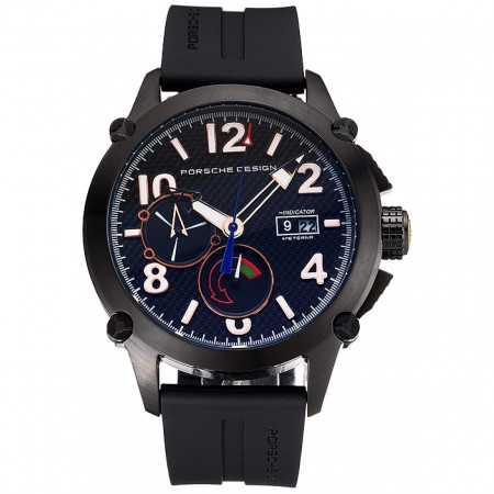 Porsche Design Indicator Black Dial Gold Numerals Black PVD Case Black Rubber Strap