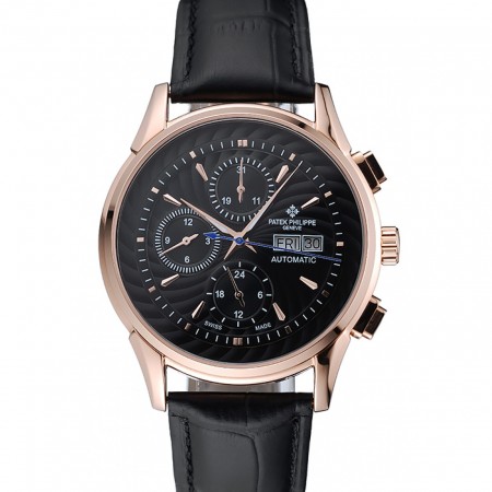 Patek Philippe Grand Complications Black Dial Gold Case Black Leather Bracelet  1454238