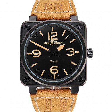 Bell and Ross BR 01-92 Black Dial Black Case Brown Leather Strap