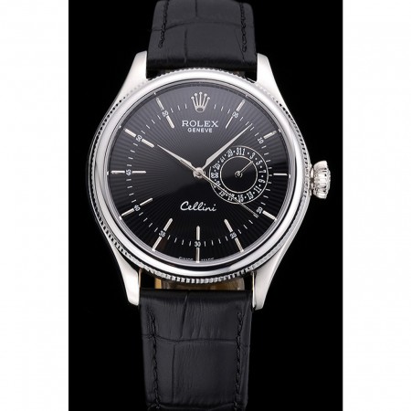 Rolex Cellini Black Dial Stainless Steel Case Black Leather Bracelet  622724