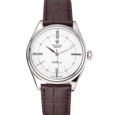 Rolex Cellini White Dial Stainless Steel Case Brown Leather Strap  622839