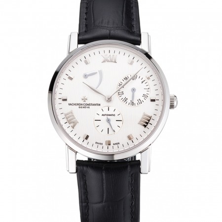Swiss Vacheron Constantin Patrimony Quantieme Reserve De Marche White Dial Stainless Steel Case Black Leather Strap