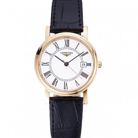 Longines La Grande Classique Round White Dial Gold Case Black Leather Band    622382