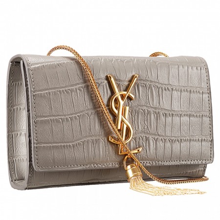 Saint Laurent Medium Tassel Crocodile Leather Clutch Bag Grey