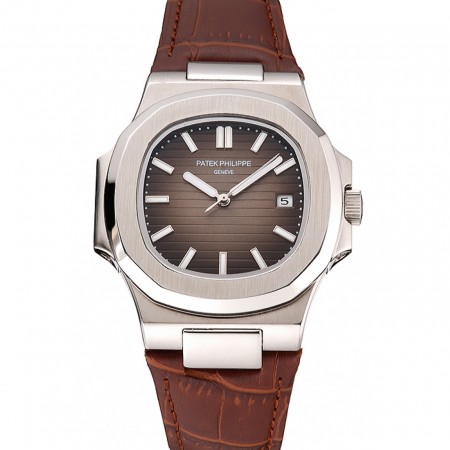 Patek Philippe Nautilus Brown Dial Brushed Stainless Steel Case Brown Leather Strap