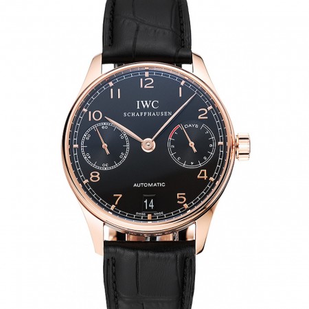 Swiss IWC Portuguese Black Dial Gold Case Black Leather Bracelet 1453918