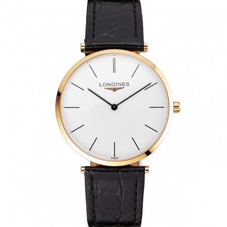 Swiss Longines Grande Classique White Dial Gold Case Black Leather Strap