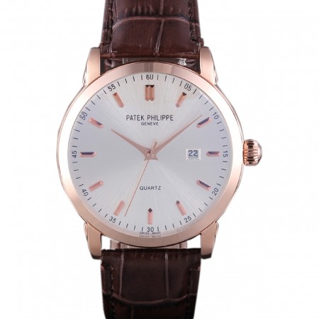 Patek Philipe Calatrava Roze Gold Polished Bezel Brown Leather Bracelet 801430