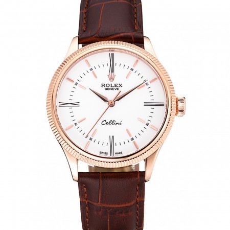 Swiss Rolex Cellini Time Gold Case White Dial Brown Leather Bracelet   622655