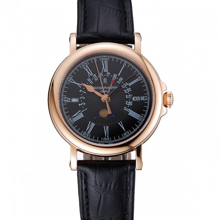 Patek Philippe Perpetual Calendar Retrograde Date Black Dial Rose Gold Case Black Leather Bracelet 1454150