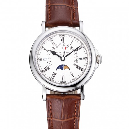 Patek Philippe Perpetual Calendar Retrograde Date White Dial Silver Case Brown Leather Bracelet 1454149