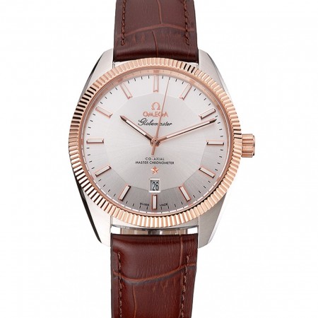 Omega Globemaster Silver Dial Rose Gold Bezel Stainless Steel Case Brown Leather Strap