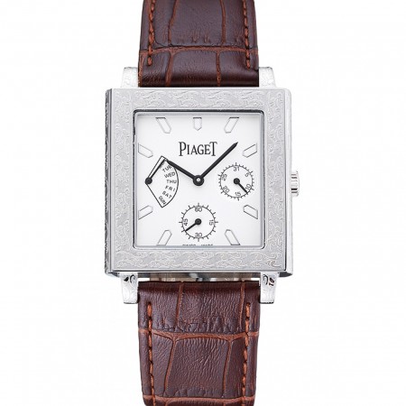 Piaget Emperador Limited Edition White Dial Engraved Silver Case Brown Leather Bracelet  1454138